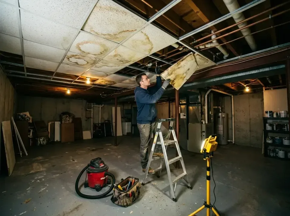 basement-ceiling-water-stain-f-005 — recent job completion, 24-Hour Water Damage Restoration Services in United States