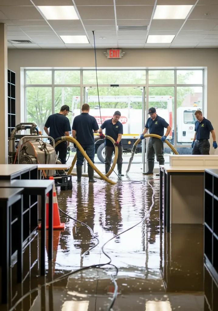A team extracting water from a flooded office or retail store with industrial truck mount extraction equipment 55320 St. Augusta, MN 1