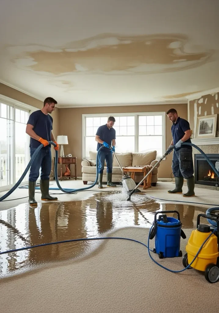 Technicians removing standing water after a burst pipe in a residential living room with wet carpets and soaked drywall 56082 St. Peter, MN 5