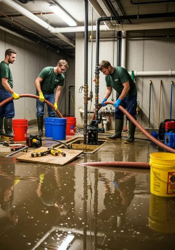 Water accumulated due to a failed sump pump with a crew replacing the pump and removing the water 55313 St. Michael, MN 5