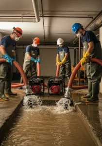 Workers in protective gear pumping standing water out of a crawl space with hoses and portable pumps United States 17