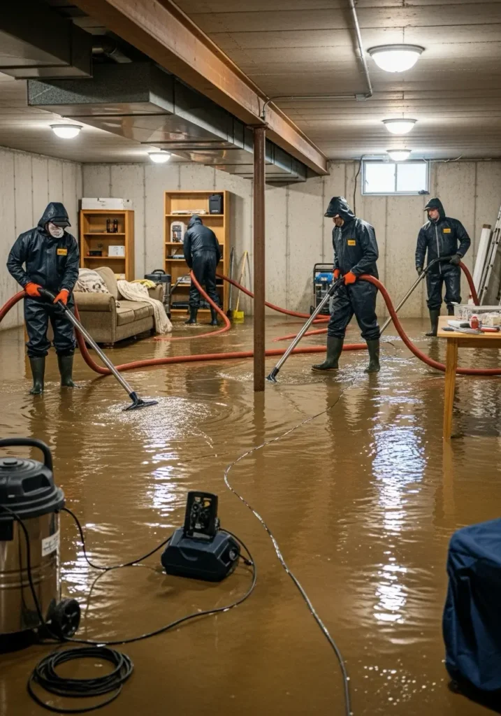 a restoration crew operating high power water extraction vacuums in a fully flooded basement 56082 St. Peter, MN 3
